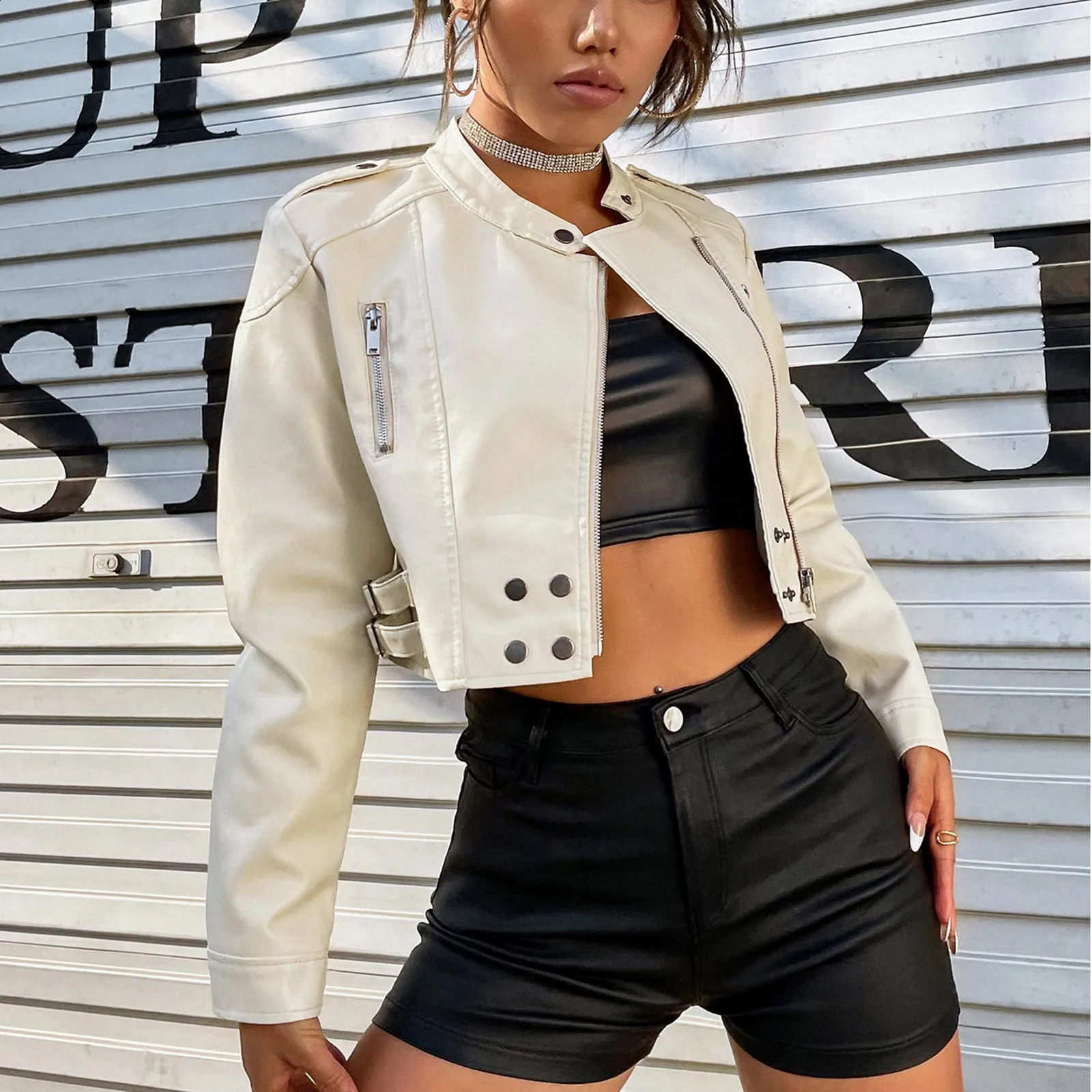 Cropped PU Leather Jacket Womens Autumn Spring Short Thin Bicycle Jacket Womens Bomber Jacket Womens Jacket 240827