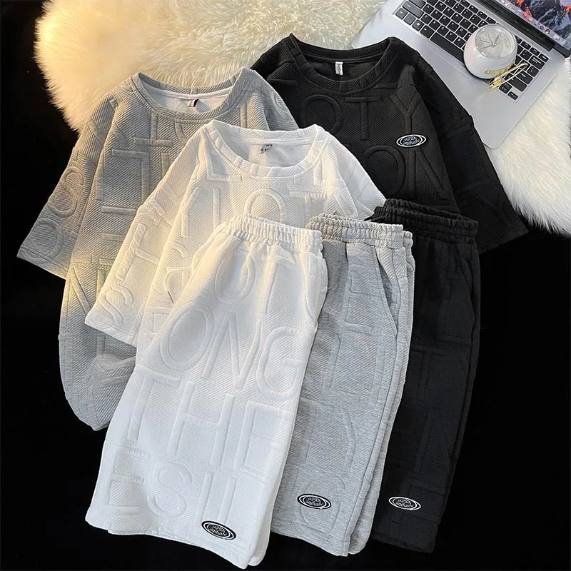 Summer mens sportswear casual round neck short sleeved and short sleeved sportswear mens letter printing 2-piece set 240827