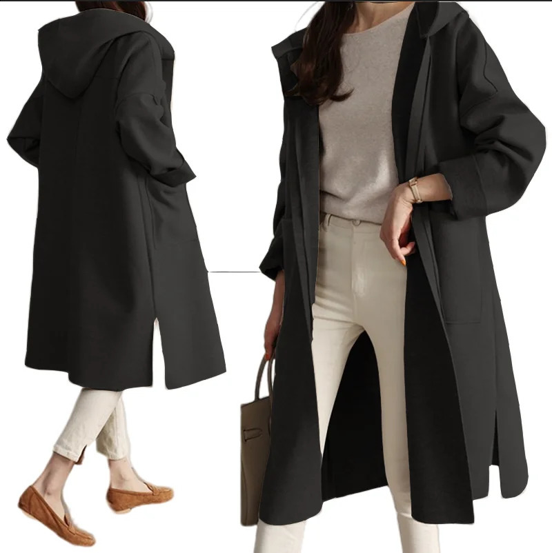 Large hooded sweatshirt for women windproof machine casual loose swing door collar top Trenchcoat laminated wool coat Spring and Autumn S3XL 240826