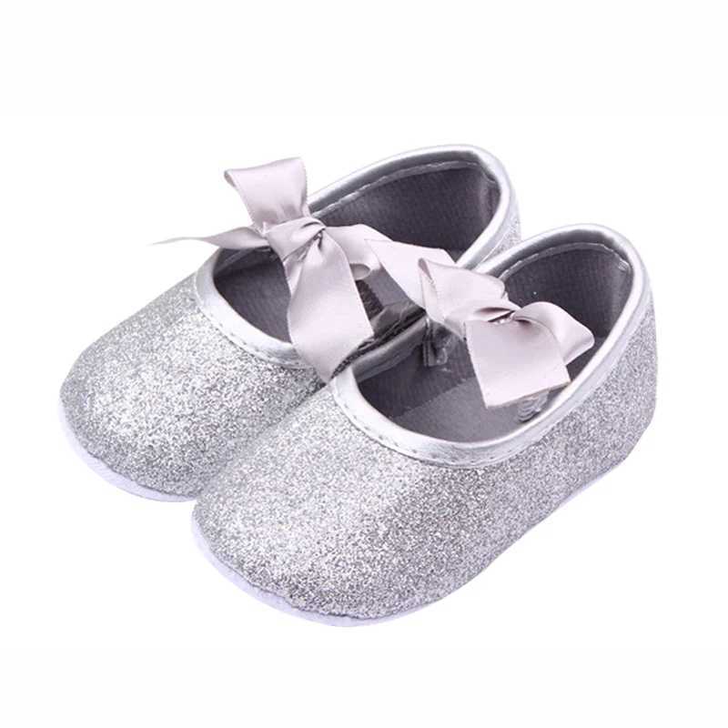 Fashionable shiny baby shoes princess bow baby first walker soft soled baby girl shoes gold pink silver M240827
