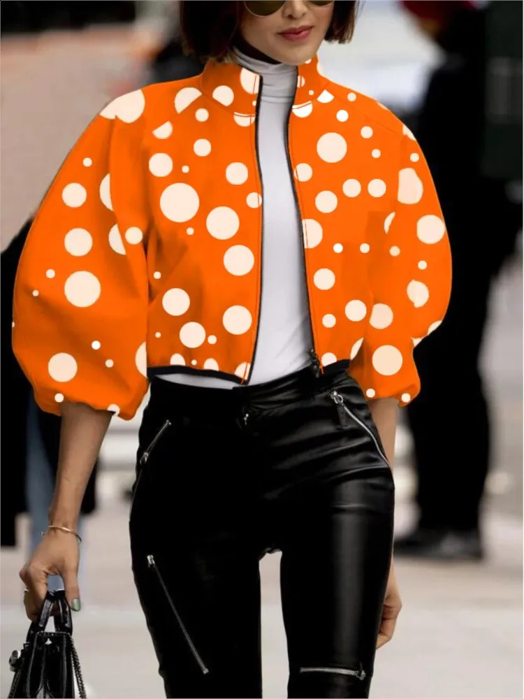 Womens Fashion Polka Dot Printed Cut Top Jacket Spring/Summer Autumn Jacket Zipper Jacket Street Womens Casual Jacket Top 240827