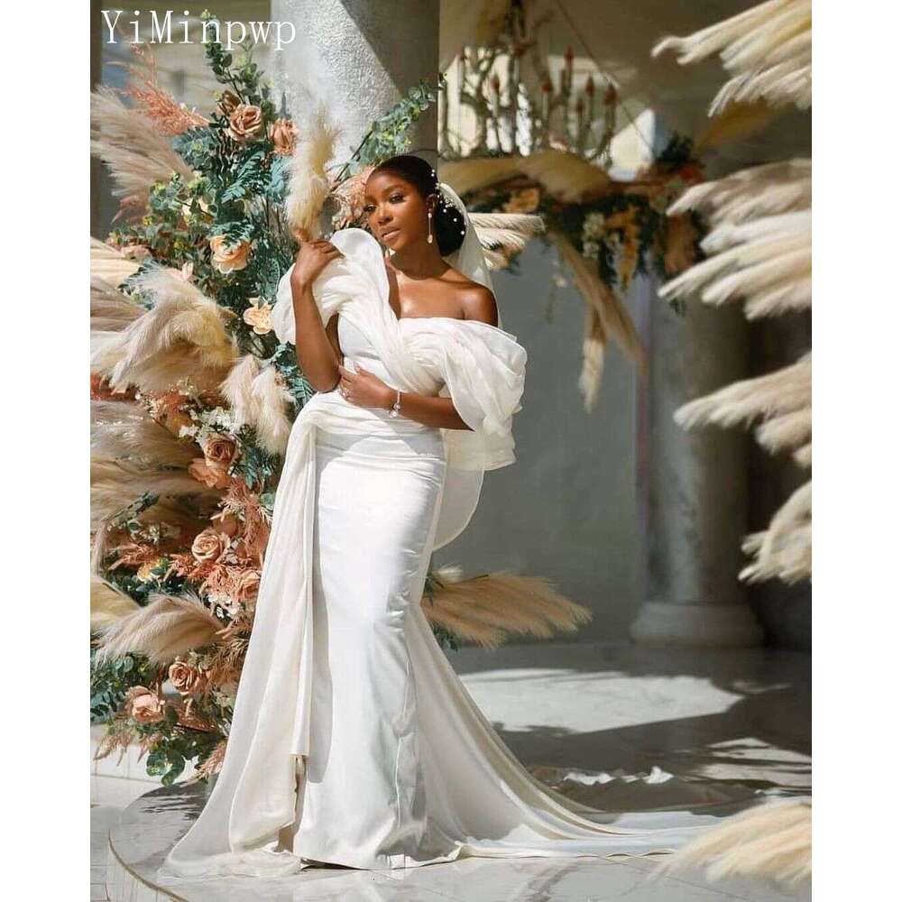 Mermaid African White Wedding Dresses Off Shoulder Sweep Train Pleats Covered Button Chapel Bridal Gowns Robes De Mariage