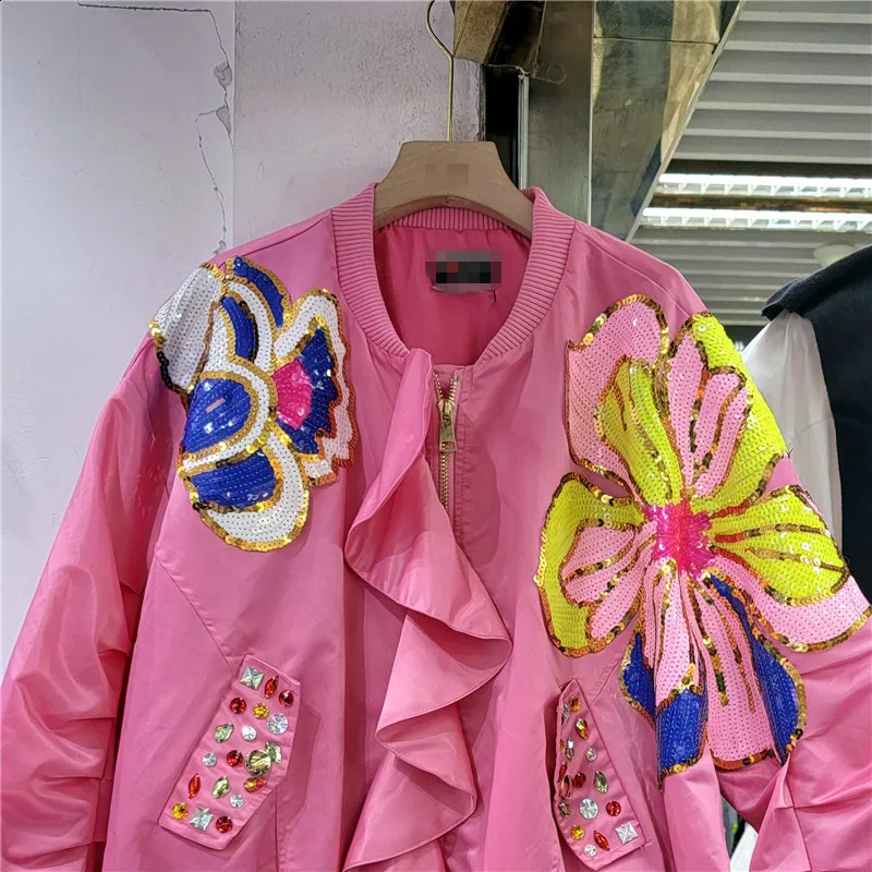 Spring Autumn Fashion Ruffled Patchwork Diamonds Sequins Baseball Jacket Coat Women Stand Collar Long Sleeve Bomber Coat Female 240827