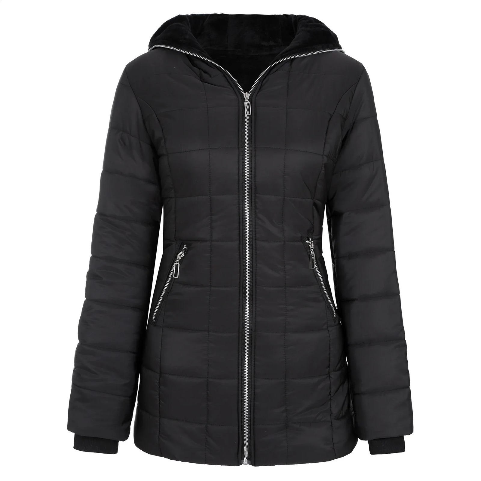Womens hooded long sleeved cotton lined wool lined winter jacket with mid length zipper jacket for warmth and fashion 240826