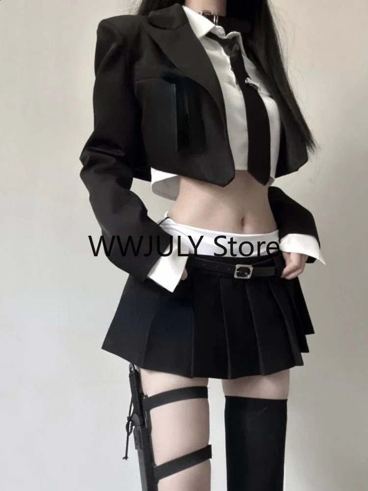 Vintage 3 Piece Set Skirt Woman Black Short Blazers Casual Shirt Slim Mini Skirt Party Korean Fashion Suit Female Chic 240826