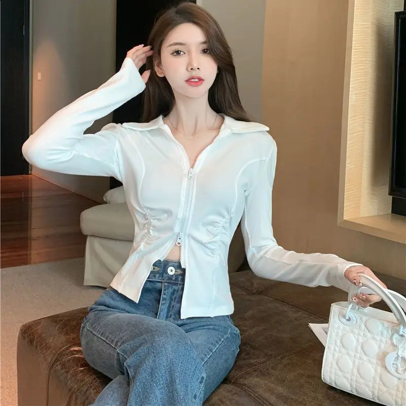 Double zipper jacket womens long sleeved cut jacket short top Y2k clothing ultra-thin street clothing polo neck cardigan 240827