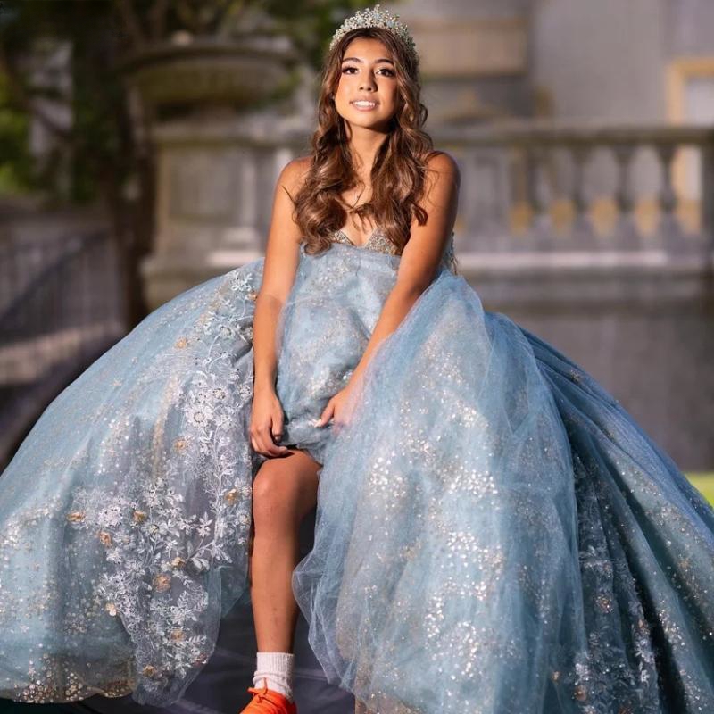 2024 Water Blue Quinceanera Dress Ball Gown Shiny Lace Applique Beading Corset Sweet 16 15 Formal Birthday Party Gowns Robe
