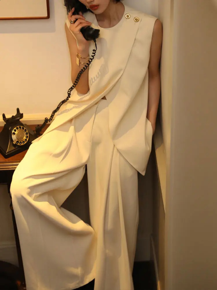 Vintage Elegant Blazer Vest Set Chic Sleeveless Solid Tank Top and Wide Leg Trousers Pantsuit Outfits Summer Korean Clothes 240826