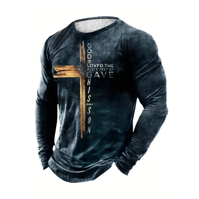 Interesting cross pattern mens TShirt fashionable cotton long sleeved T-shirt 3D printed loose top casual O-neck floral retro clothing 240826