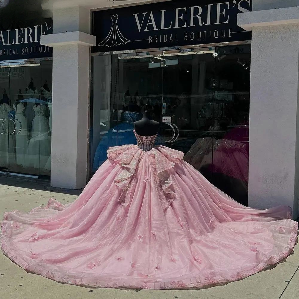 Pink Shiny Sweetheart Sleeveless Ruffles Ball Gown Quinceanera Dresses Lace Beads Crystal Tull Vestidos De 15 Anos Sweet 16 Dress