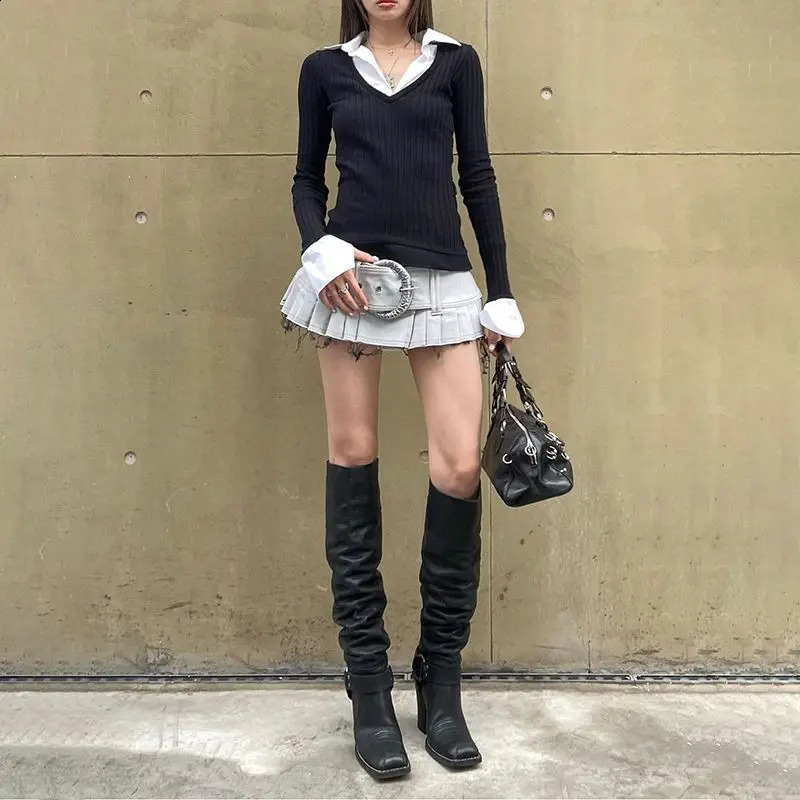 Fashion Academy Style POLO Collar Splicing Fake Two Strip Ultra Thin Knitted Long Sleeve T-shirt for Womens Weight Loss in Autumn and Winter 240827