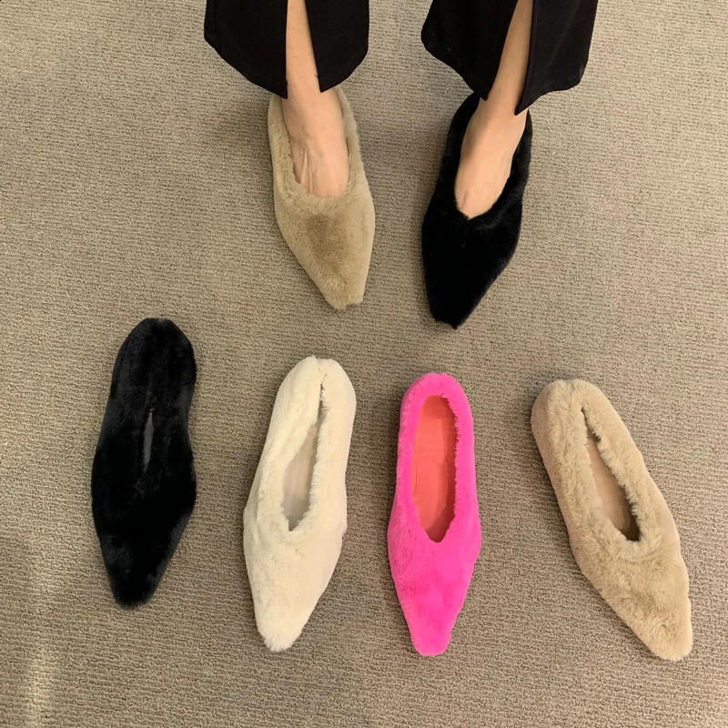 Fashion Pointed Toe fur ballet flat bottomed womens winter warm plush shallow load womens compact fur high-heeled dress shoes Zapatos MUJI 240827