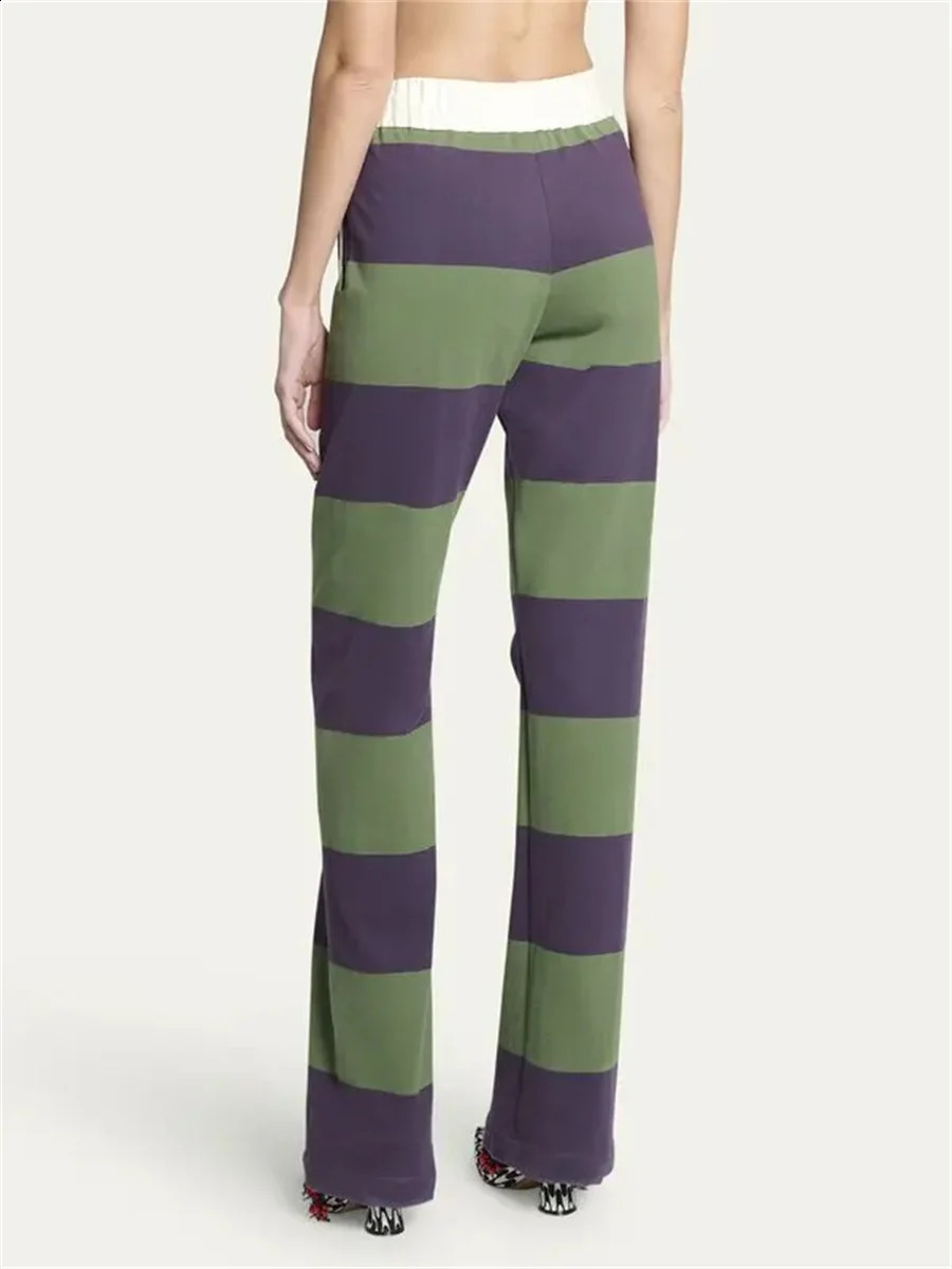 Vinatge Green And Purple Striped Lounge Pants Y2k Aesthetic Print Pajama Pants Drawstring High Waist Long Trousers Cozy Bottoms 240827