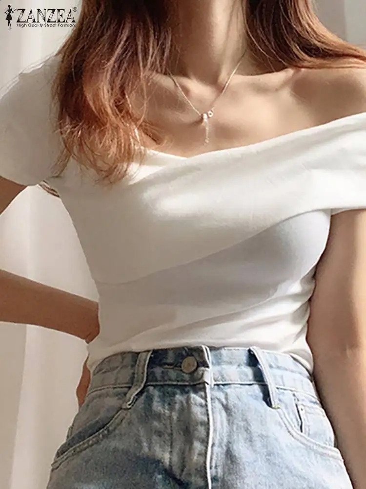 Off Shoulder Blouse Women Short Sleeve Tight Shirt ZANZEA Korean Fashion Solid Tunic Tops Y2k Slim Sexy Blouse Streetwear Blusas 240827