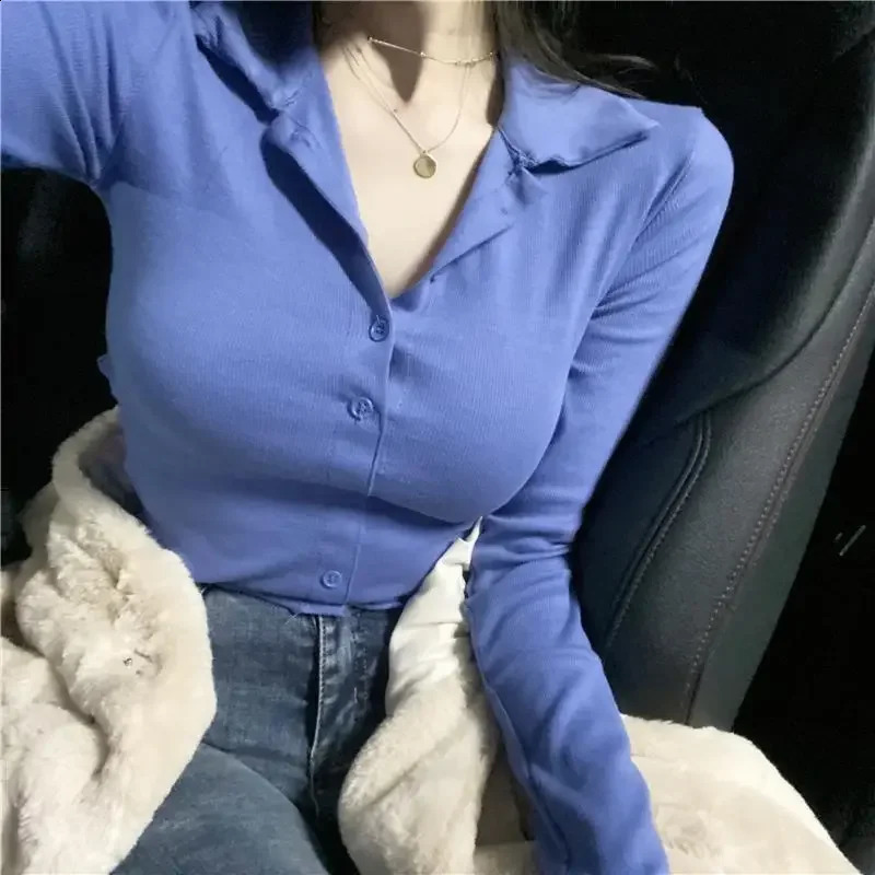 Long sleeved button down womens T-shirt ultra-thin Korean clothing top basic clothing trend 2025 polo neck womens T-shirt 240827