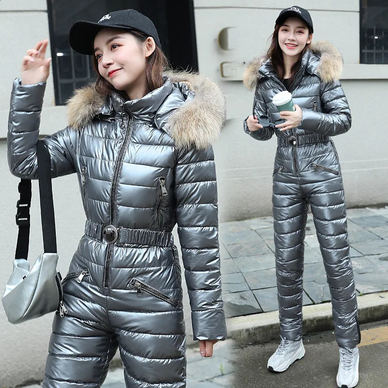 One piece ski suit womens jacket winter hooded Parka jumpsuit cotton bodysuit waist belt zipper 240826