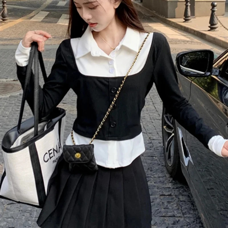 Womens basic polo neck T-shirt suitable for young and elegant womens long sleeved polyester Y2k fashionable style with high-quality collar 240827