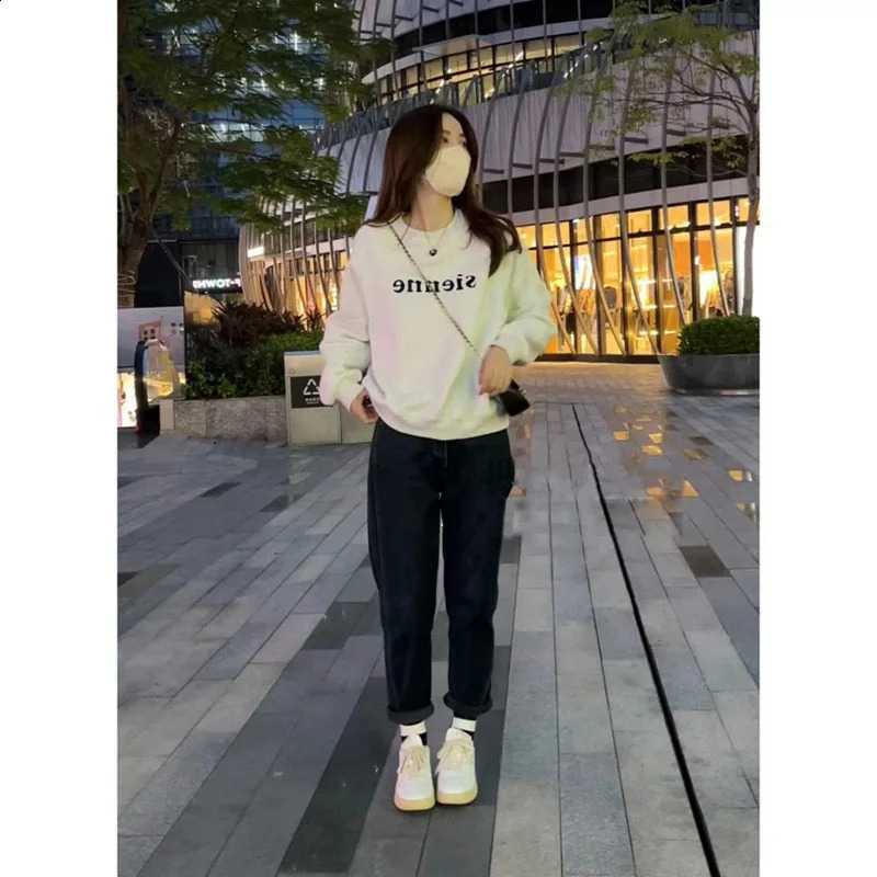 7rings Fall Winter Letter Print Long Sleeves Pullover Sweatshirts for Women Men Unisex Simple Style Fashion Warm Clothing 240827