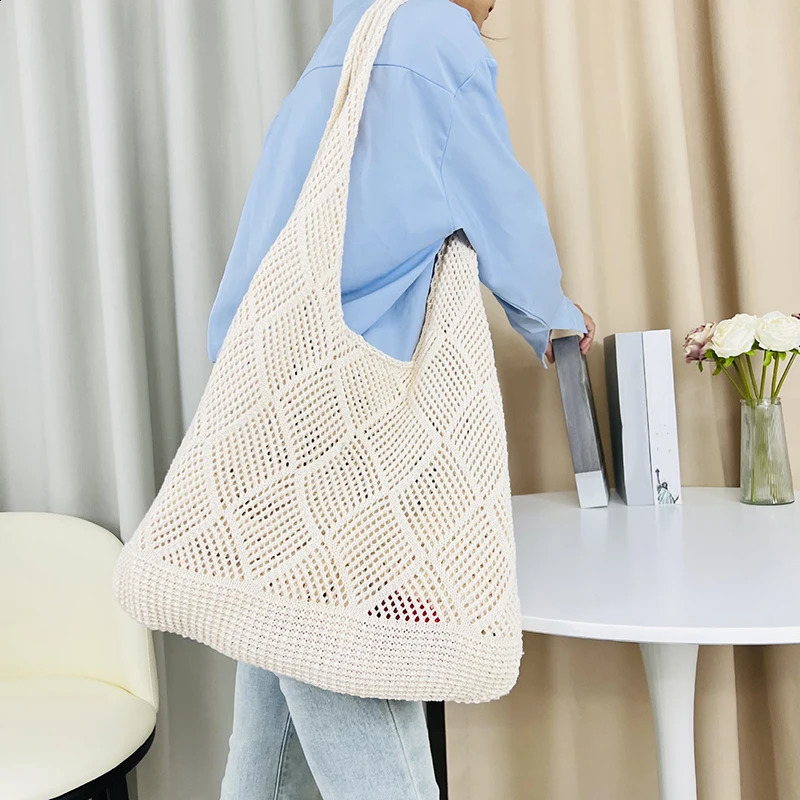 Trend Womens Bag Crochet Handbag Retro Knitted Solid Color Hollow Tophandle Tote Travel Shopper Shoulder 240914