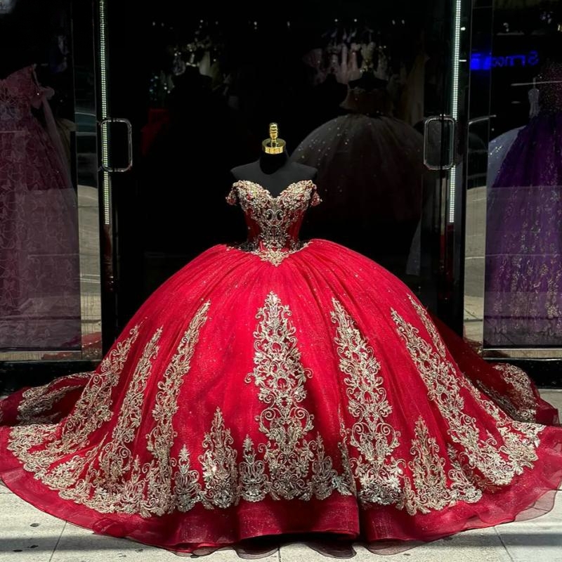 Off Red The Shoulder Corset Ball Gown Quinceanera Dresses Gold Appliques Lace Beads Tull Vestidos De Anos Sweet Dress D
