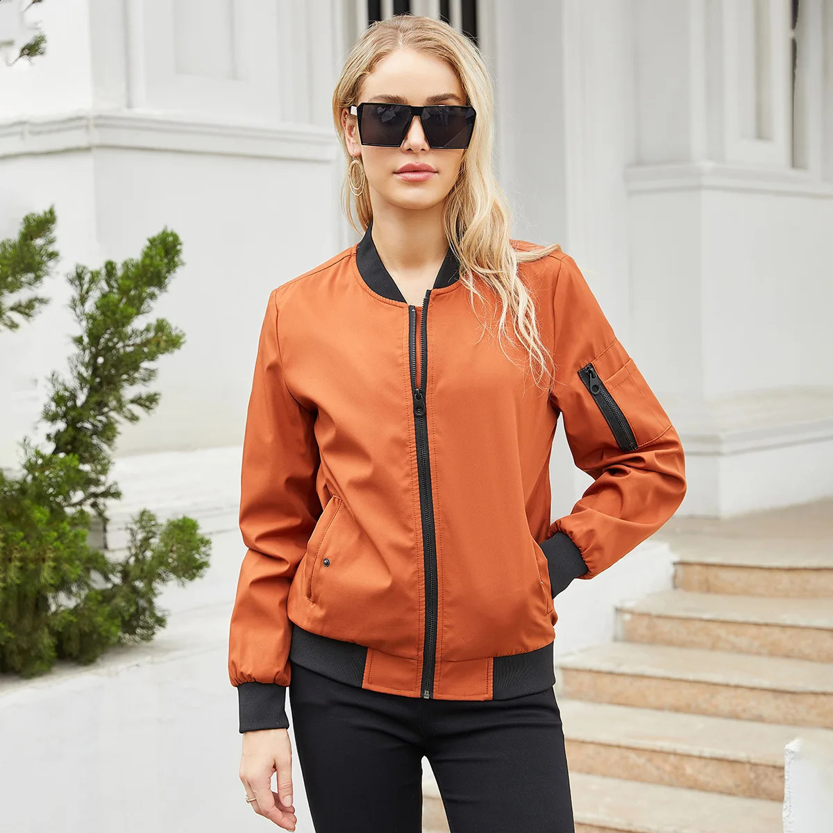 YJKDYK Spring Autumn Womens Bomber Jacket Contrast Zipper Loose Stand Up Collar Baseball Female Casual Coats 240827