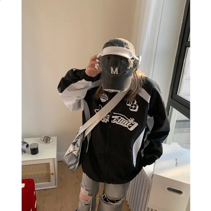 Deeptown-Vintage Racing Jacket for Women Oversized StreetwearKorean Fashion Windbreaker Hippie Motorcycle Jackets Y2k Autu 240827