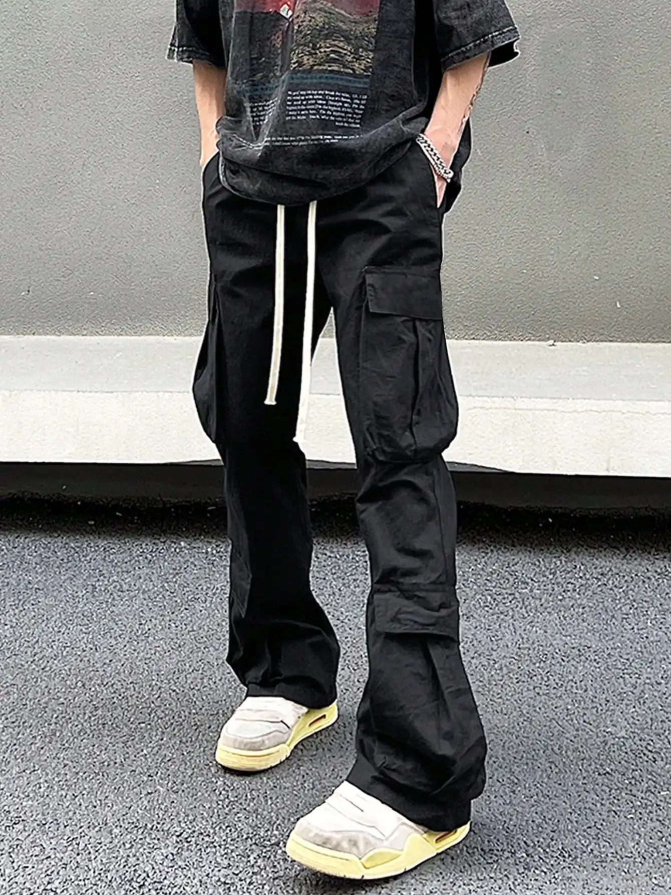 Solid mens drawstring cargo pants multi pocket design all season outdoor special gift 240827