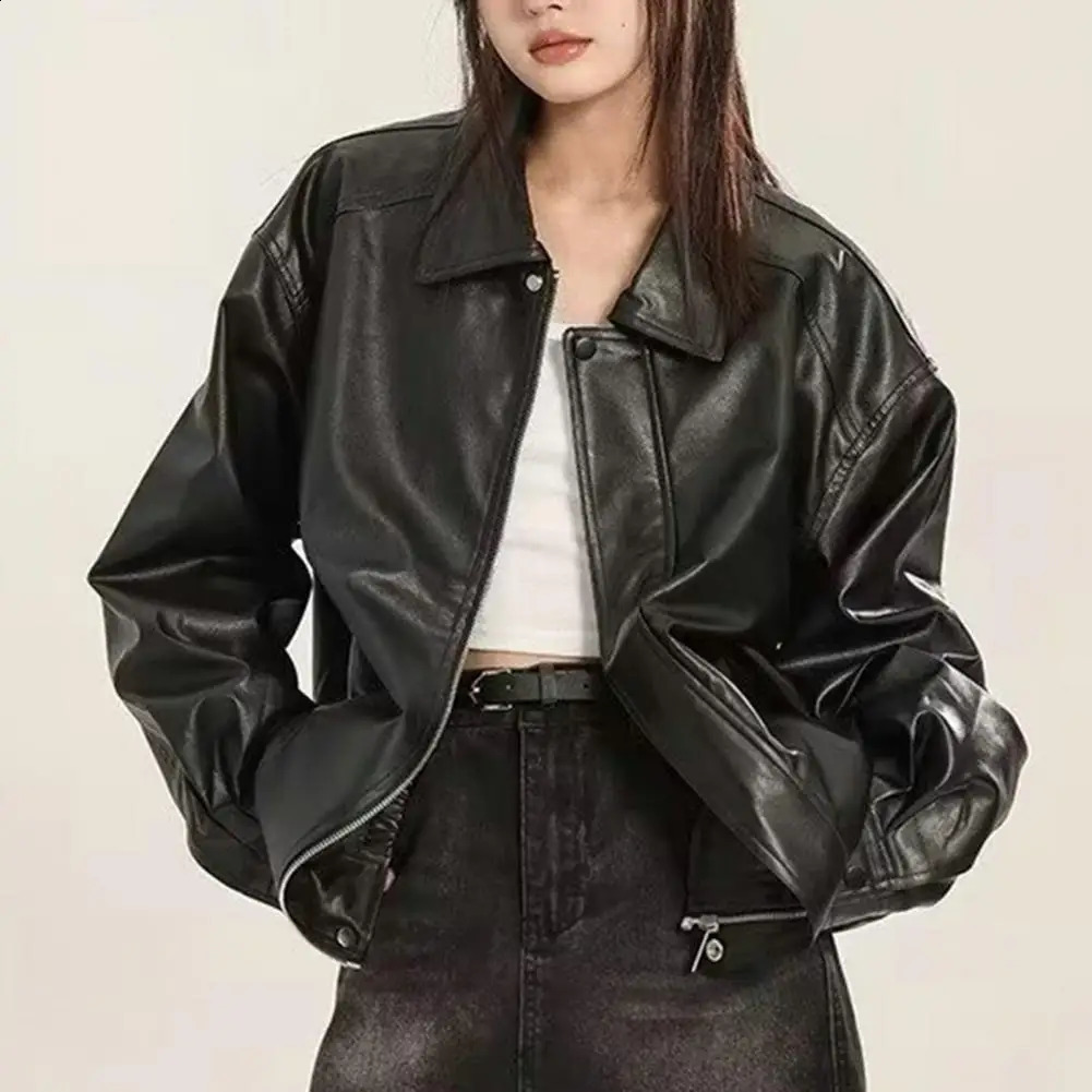 Womens faux leather jacket loose fit womens coat retro American style womens faux leather jacket loose fit zipper pocket 240827