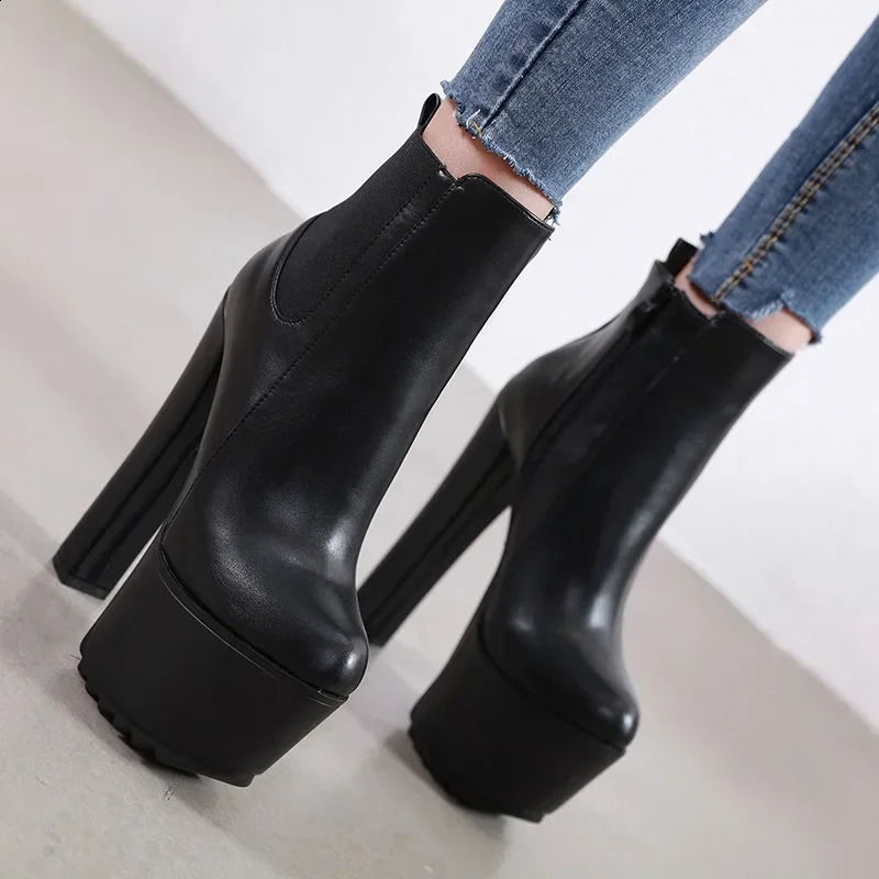 16CM Thick High Heels Womens Platform Elastic Band Side Zipper Chelsea Boots Black Ankle Boots Zapatos Para Mujeres 240827