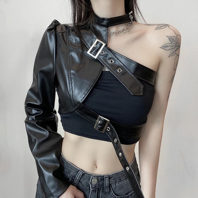 Womens Fashion Punk Style Crop Top Cool Single Sleeve Collar Hanger Belt Connection Top 240827
