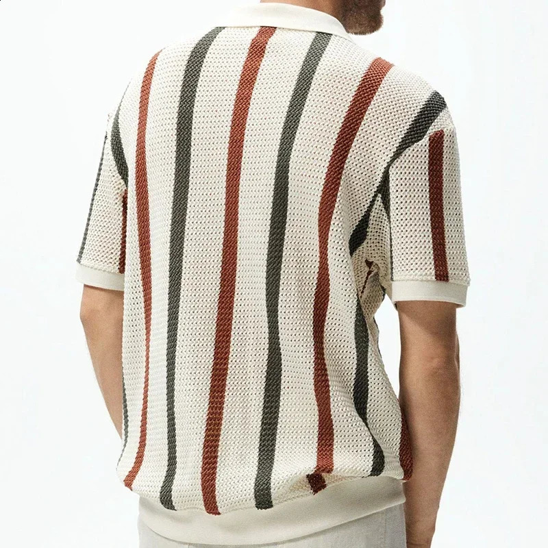 Summer Breathable Hollow Out Knit T Shirt Men Vintage Striped Print Knitted Polo Shirt Beach Casual Lapel Short Sleeve Tops Male 240827