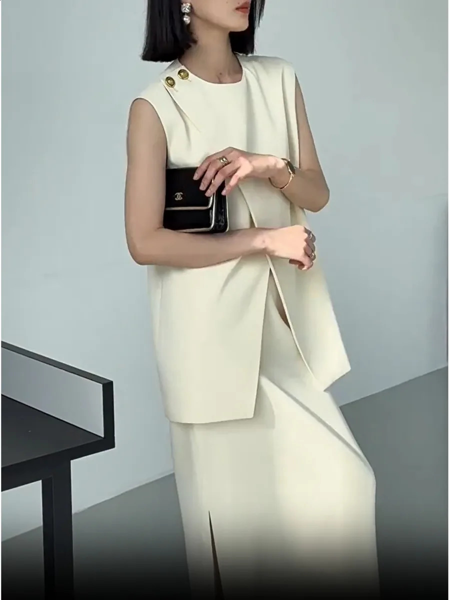 Irregular Blazer Vest Skirt Set Summer Chic Elegant Sleeveless Solid Tank Top Skirt Dress OL Outfit Clothes Suit 240826