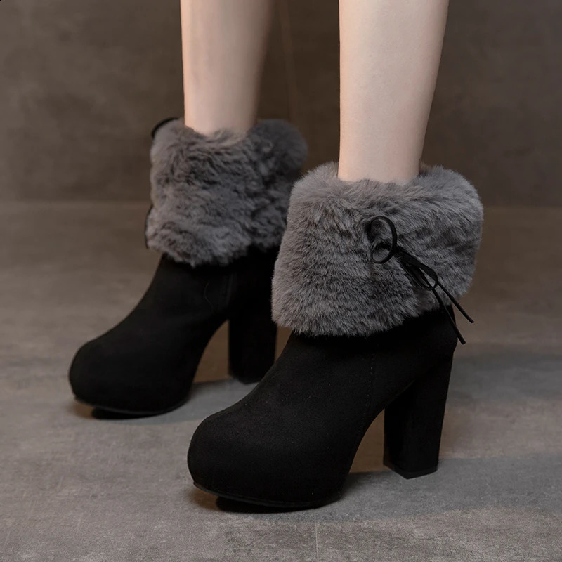 2024 Winter Shoes Womens High Heels Fur Warm Shoes Womens Fashion Shoes Winter High Heels Super Square High Heels 240827