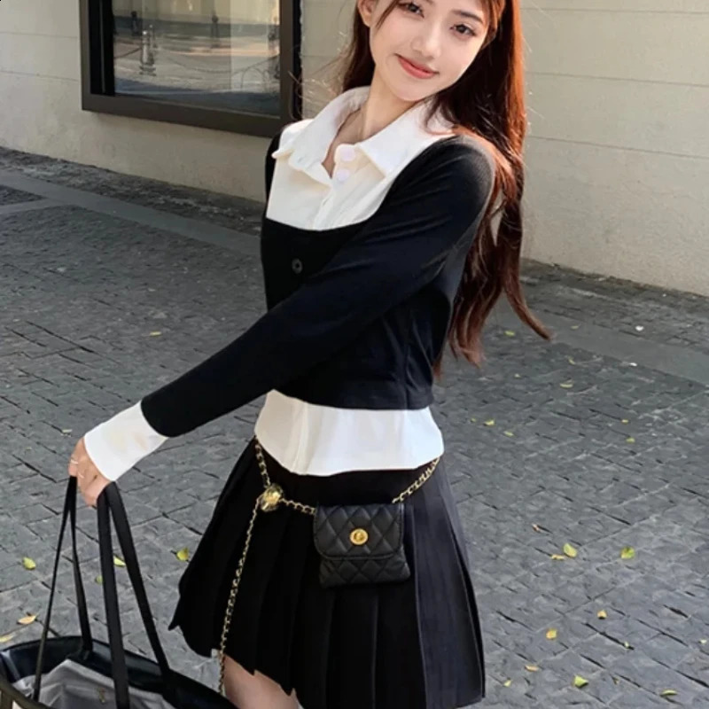 Womens basic polo neck T-shirt suitable for young and elegant womens long sleeved polyester Y2k fashionable style with high-quality collar 240827