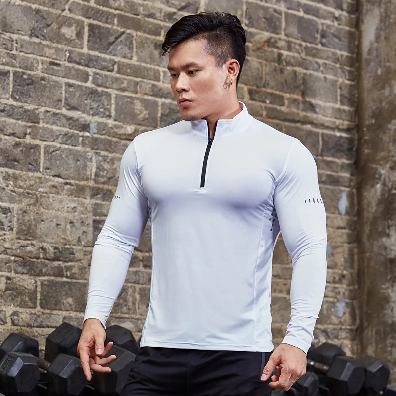 Mens tight fitting sports Tshirt long sleeved gym running clothing fitness compression sportswear zipper hiking Rashgar shirt 240827