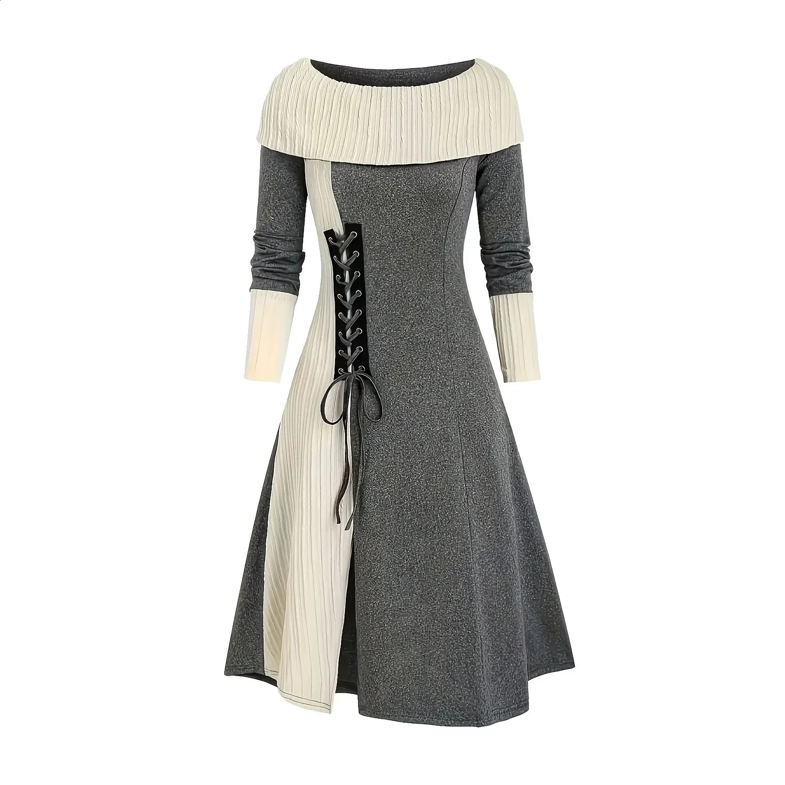 Autumn Long Line Splicing Cable Knitted Panel Dress Womens Winter Button Cowboy Collar Aline Robe Sweater 240826