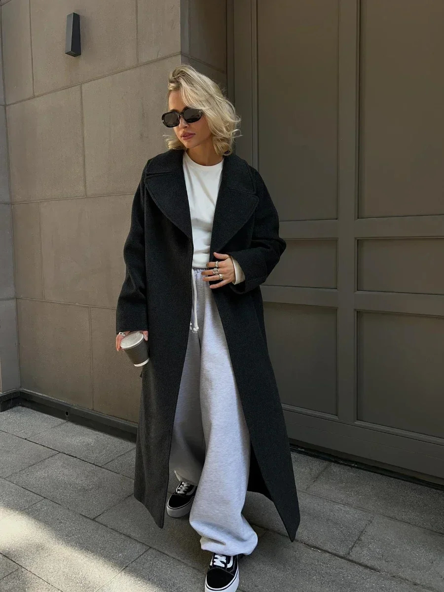 Bornlades Winter Thick Wool Coat Womens Belt Loose Long Jacket Office Autumn Warm Blended 240826