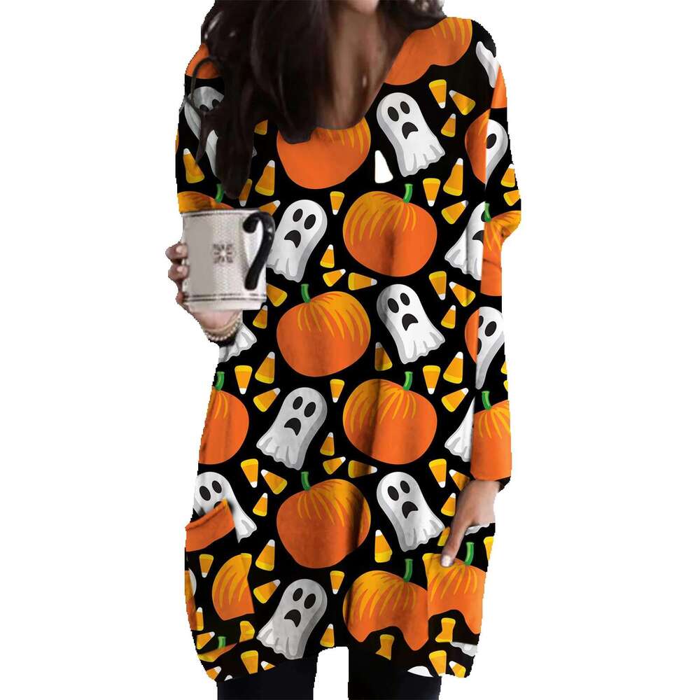 2024 Autumn/Winter New Halloween Cat Pumpkin Long Sleeved Dress