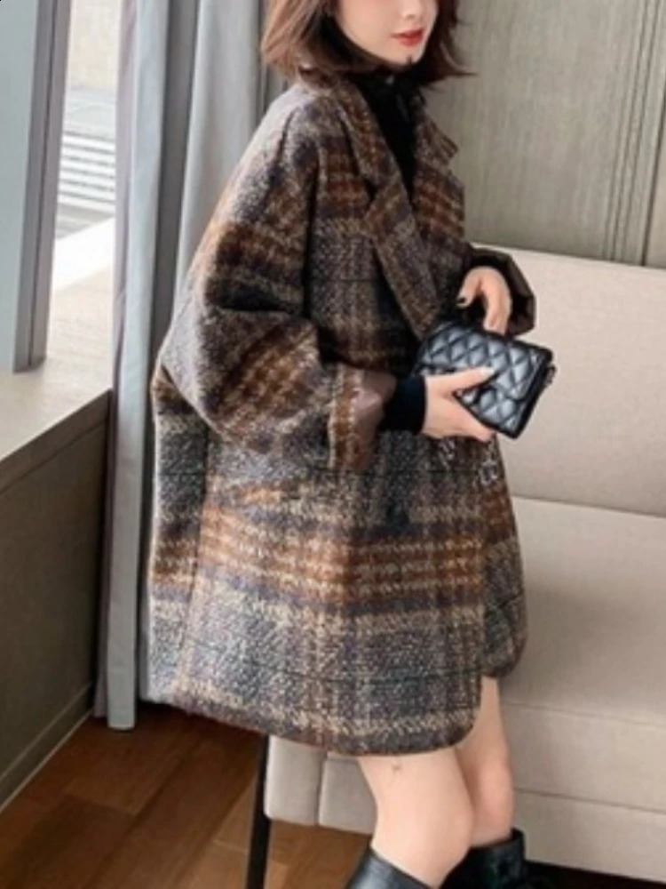 Womens jacket wool winter Korean retro plaid loose top coarse tweed double breasted lapel womens 240826