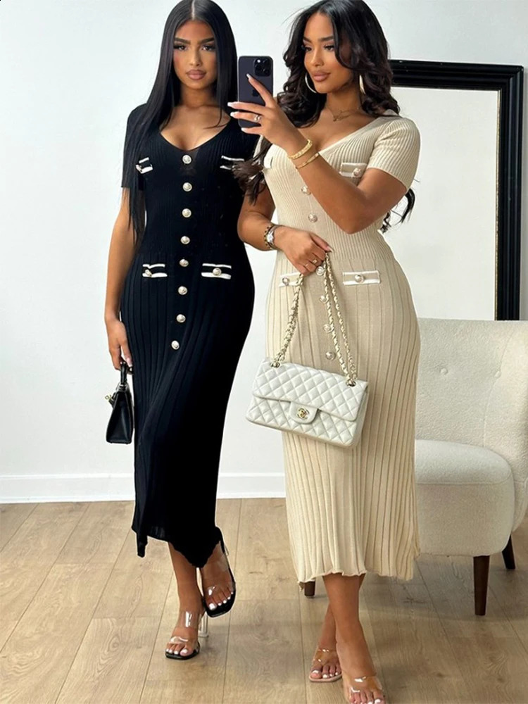 Womens Knitted Short Sleeve Dress Summer Fashion V-neck Casual Long Dress 2024 Elegant Slimming Long Dress 240827