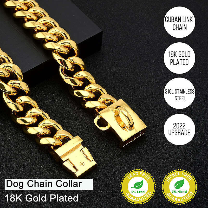 Gold Stainless Steel Cuban k Chain 14mm Wide Metal Pet Necklace for Small Medium Large Dog Collar Product