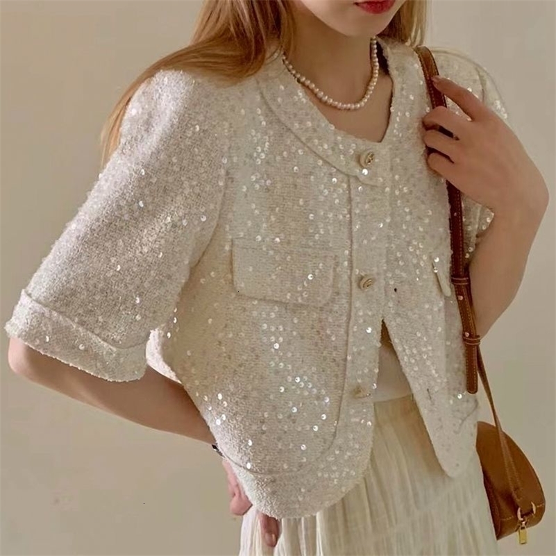 Summer high-quality Korean tweed short sleeved jacket for womens Korean fashion sequin short sleeved top 240826