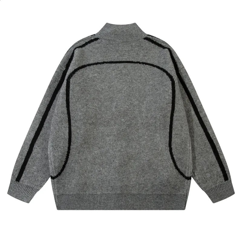 Mens retro zipper knitted cardigan streetwear comparison letter jacquard collar couple sweater top casual Harajuku 240826