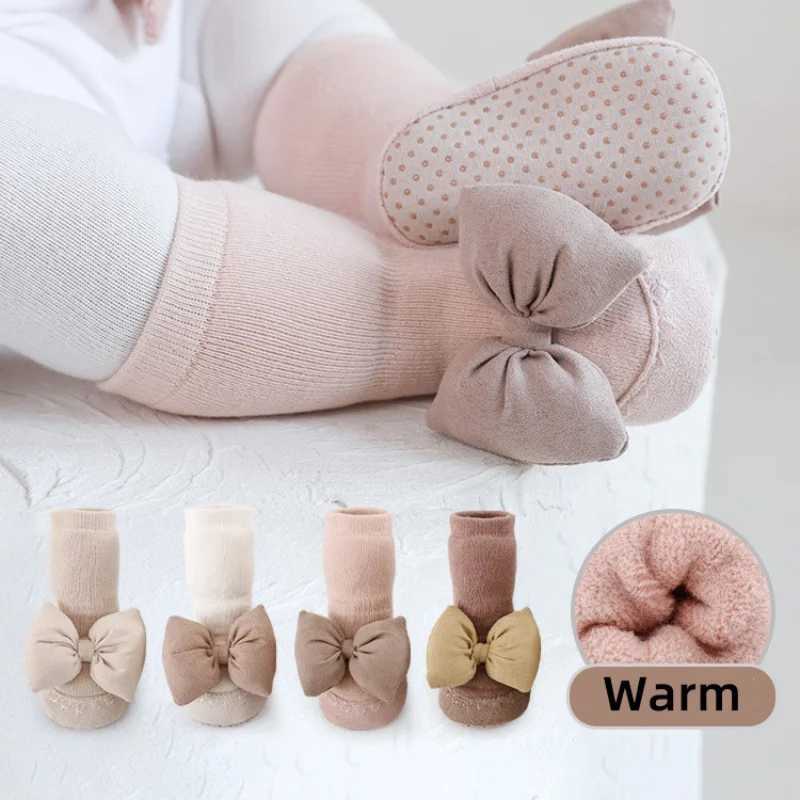 1 pair of newborn socks shoes Korean fashion bow anti slip floor calf socks shoes baby girls autumn and winter cotton first step traveler M240827