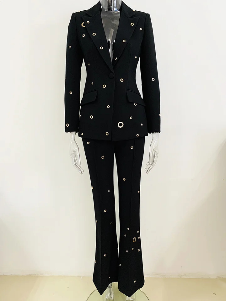 HIGH STREET est er Fashion Runway Suit Set Womens Slim Fit Single Button Rivet Eyelet Lapel Blazer Pants Set 2pcs 240826