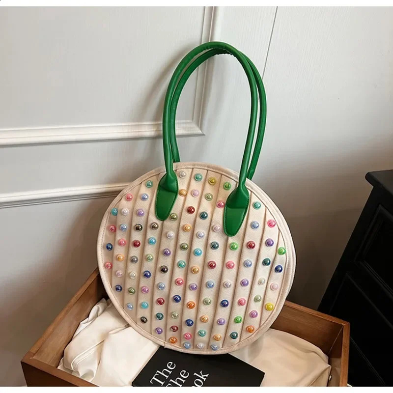 Colorful Rivet Canvas Circular Shoulder Bags Large Capacity Unique Casual Tote Bags for Women Fashion Style 240827