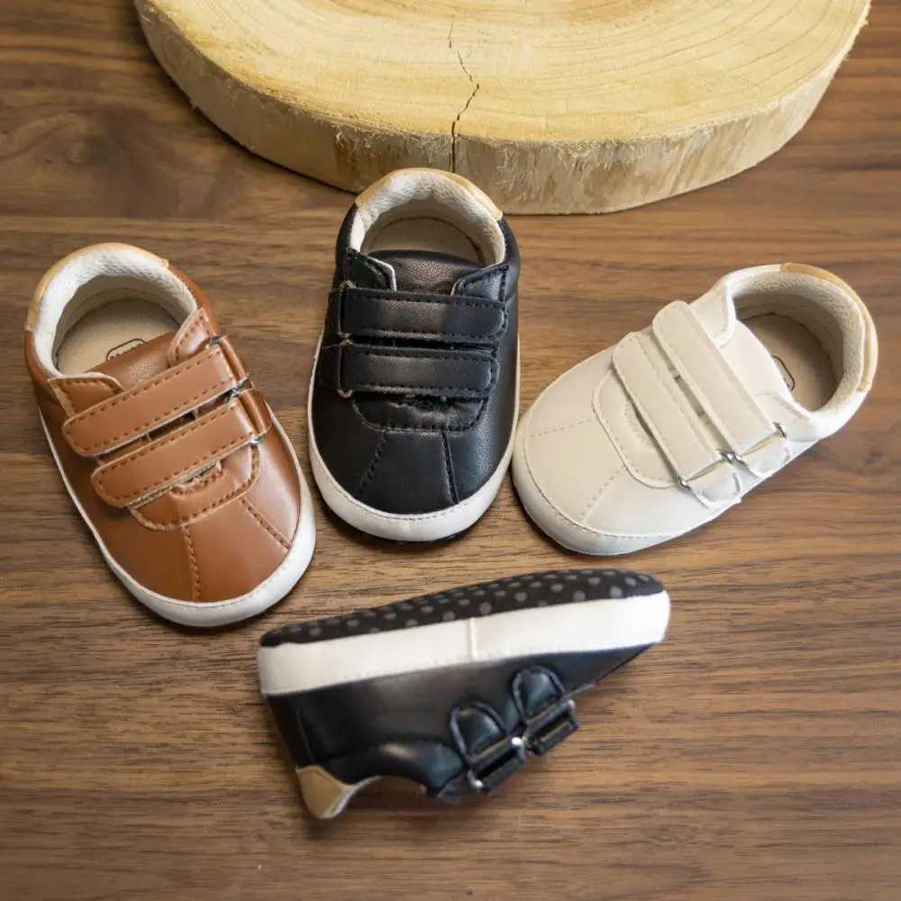 Cute girl boy soft soled shoes anti slip solid color leather trainer machine front traveler black and white brown casual shoes 0-18M M240827