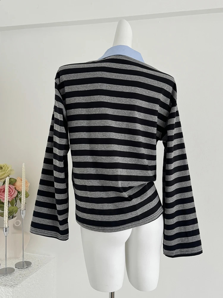 Autumn Womens Japanese Y2k Korean Fashion Polo Neck T-shirt Long Sleeve Striped T-shirt Gyaru Harajuku 2000s Aesthetic Cute 240827