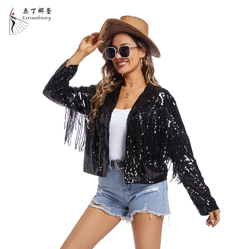 Womens sequined edge jacket long sleeved tassel sparkling party disco suit retro jacket 240827