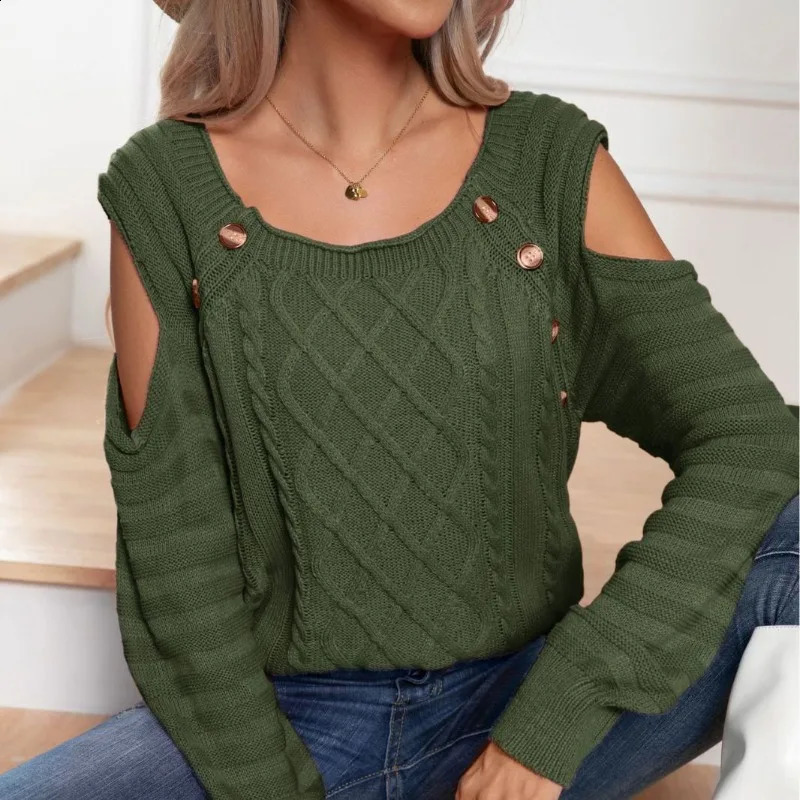 Autumn and Winter Womens Pullover Round Neck Off Shoulder Button Screw Thread Long Sleeved Sweater Knit Underlay Elegant Tops 240828